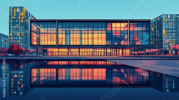 Fototapeta Modern Building With Glass Facade Reflecting Sunset Colors