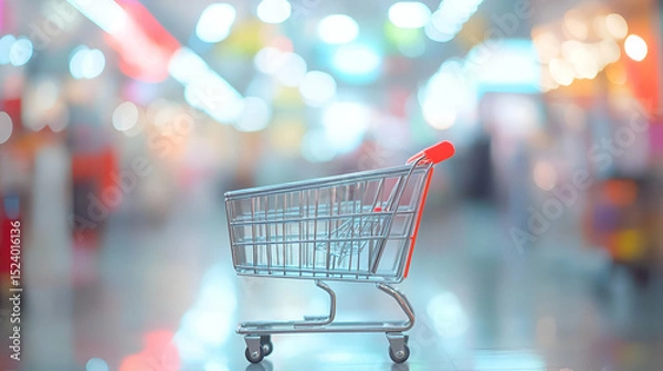 Fototapeta Small Shopping Cart In Blurred Supermarket Background
