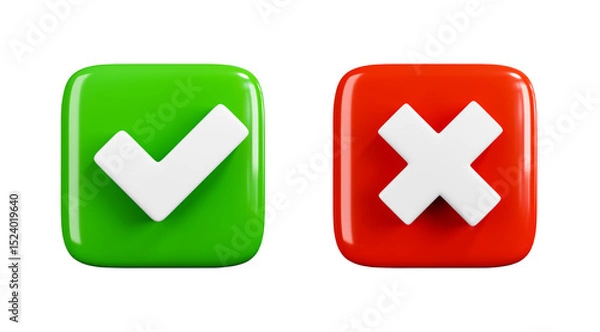 Fototapeta Green check mark and red cross icons isolated on transparent background. 3D render.