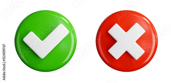 Obraz Green check mark and red cross icons isolated on transparent background. 3D render.