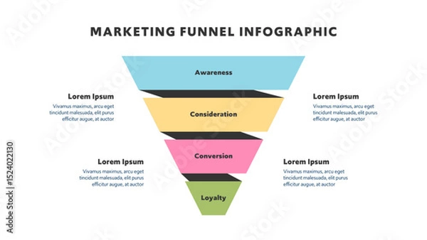 Fototapeta Colorful Marketing Funnel Infographic With Shadowed Inverted Pyramid Style
