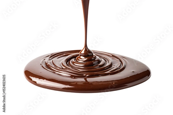 Fototapeta Smooth melted chocolate being poured creating perfect concentric ripples in glossy brown liquid pool, isolated on a transparent background