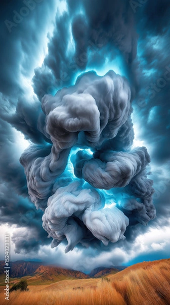 Fototapeta Dramatic thunderstorm with dark clouds over field