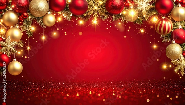 Fototapeta Elegant Christmas background with a festive border of red and gold ornaments, sparkling lights, and golden snowflakes on a shimmering red glitter base with copy space.