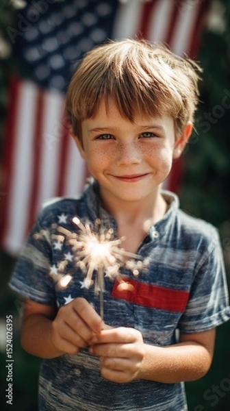 Fototapeta Sparkler boy against American Flag Background. ai generated