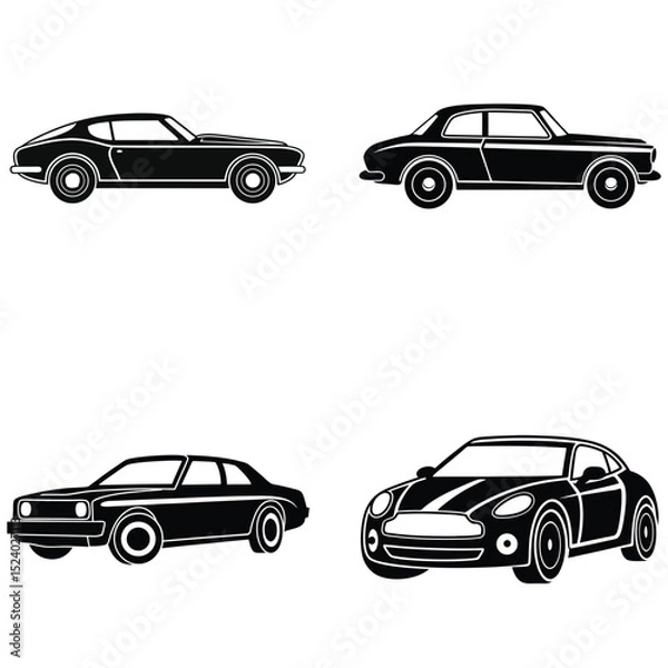 Obraz Set of Cars in Clean Black Silhouette Vector Illustration