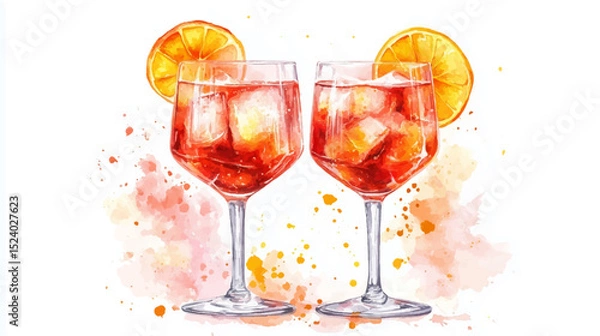 Obraz Vector illustration of two glasses with aperol spritz cocktail, watercolor on white background