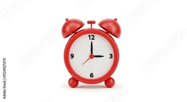Obraz  High-quality 3D red alarm clock icon in cartoon plastic style, cute proportions, shiny plastic texture, small round feet, twin bells, centered on white background, minimal design, perfect for mobile 