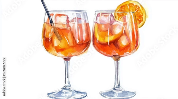 Obraz Vector illustration of two glasses with aperol spritz cocktail, watercolor on white background