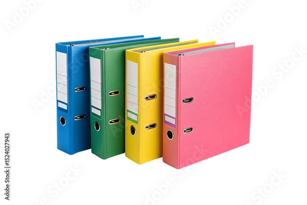 Fototapeta Four bright colored ring binder folders in blue, green, yellow, pink standing upright together, isolated on a transparent background