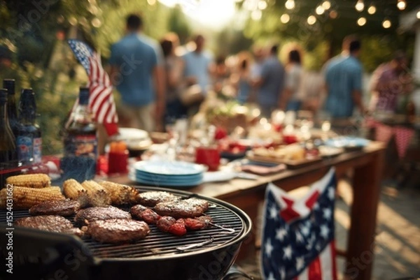 Fototapeta People Having Fun, Sharing Stories with Each Other and Eating at Outdoors celebrating independence day . ai generated