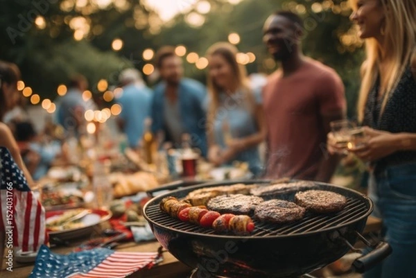 Fototapeta People Having Fun, Sharing Stories with Each Other and Eating at Outdoors celebrating independence day . ai generated
