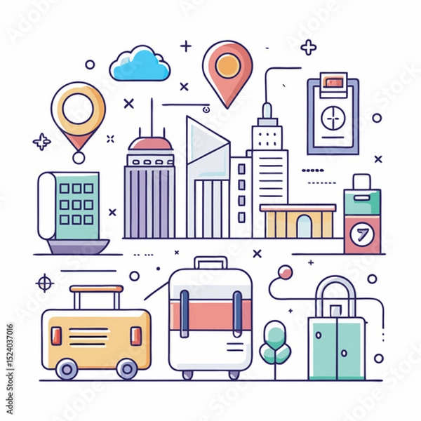 Fototapeta Line art city travel elements and location pins