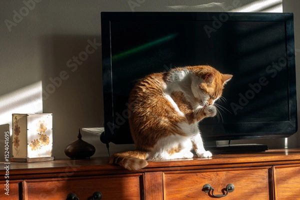 Fototapeta Close-up on a Ginger Cat sitting on top of a chest of drawers, in front of a television set, eyes closed, licking its raised left paw, bathed by the morning sun.
