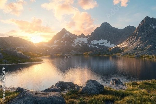 Fototapeta Tranquil Mountain Lake at Sunset with Reflections and Snow-Capped Peaks