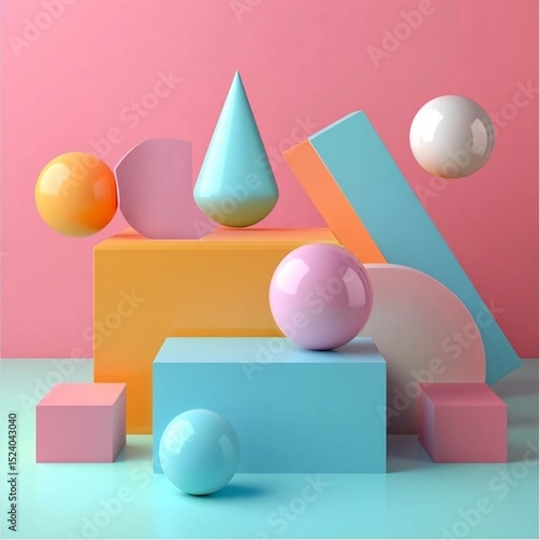 Fototapeta 3D Abstract Composition with Floating Pastel Geometric Shapes on Soft Pink Background