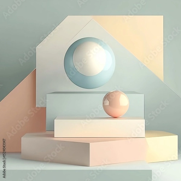 Fototapeta 3D Rendered Abstract Pastel Geometric Scene with Floating Spheres and Layered Platforms