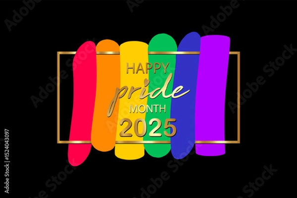 Obraz Pride month 2025 logo with rainbow flag. Banner Pride symbol with heart, LGBT, minorities, gays and lesbians. Background Love is love. Template designer sign, icon colorful rainbow isolated on black