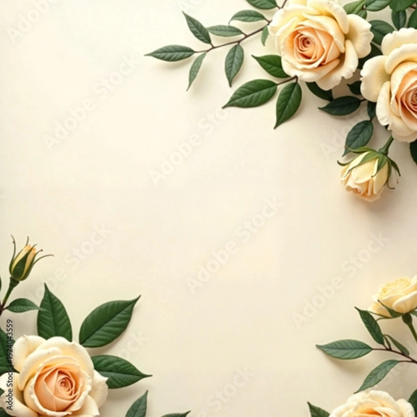 Obraz Floral frame in romantic vintage style with cream roses and greenery on a light beige background with copy space