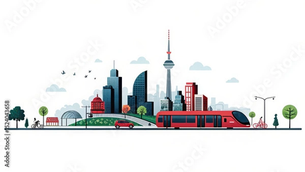 Fototapeta Modern cityscape illustration features seamless network of transportation, including red tram, bicycle, and car, set against skyline of diverse skyscrapers and green spaces