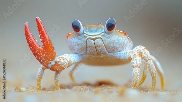 Fototapeta Cute crab, close-up view, walking on sand. Vivid colors, playful expression