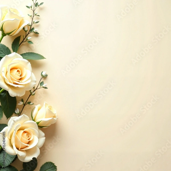 Obraz Floral frame in romantic vintage style with cream roses and greenery on a light beige background with copy space