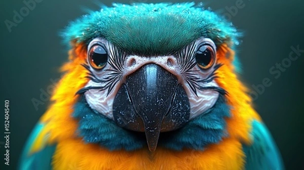 Fototapeta Close-up of a vibrant parrot's head, showcasing its bright blue and orange plumage, intense eyes, and detailed beak