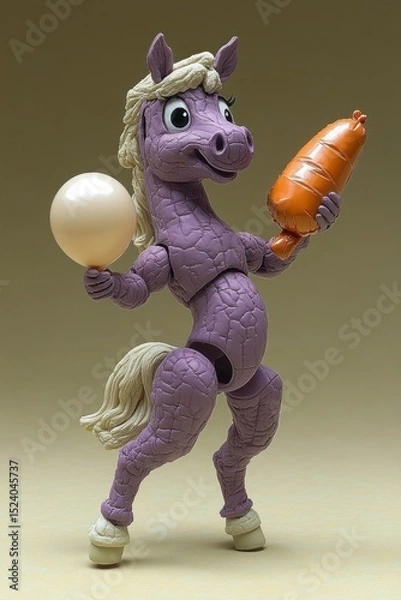 Fototapeta Playful horse figurine holding a balloon and a carrot