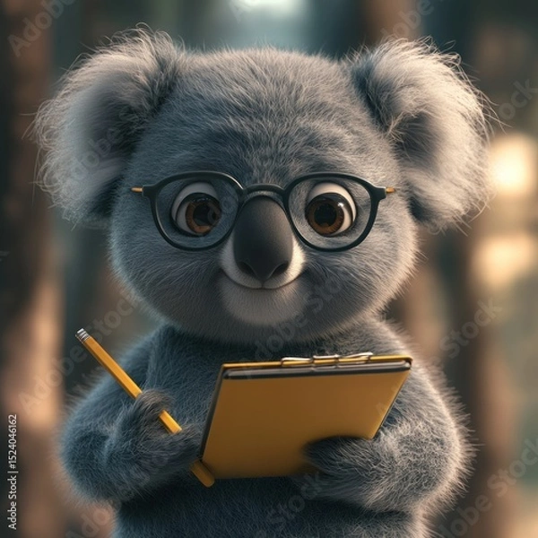 Fototapeta Koala with glasses, notepad, and pencil