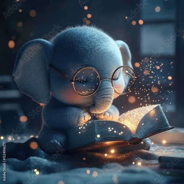Fototapeta Cute elephant reading a magical book
