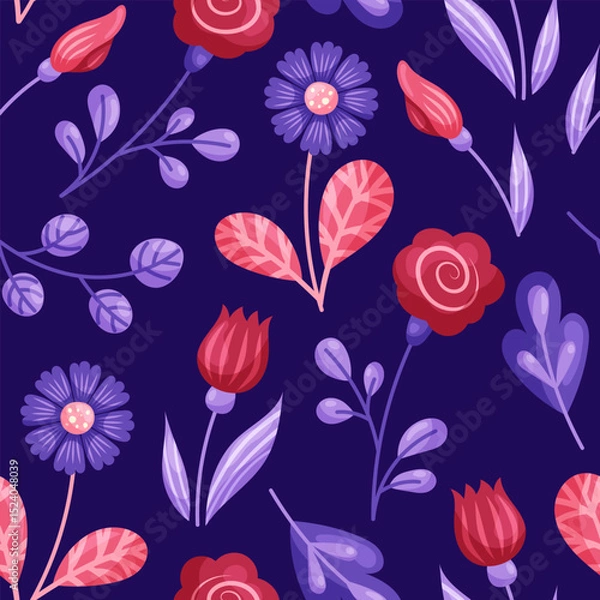 Fototapeta Floral seamless pattern in red and purple tones on dark background. Tulip, rose and cornflower. Vector illustration.