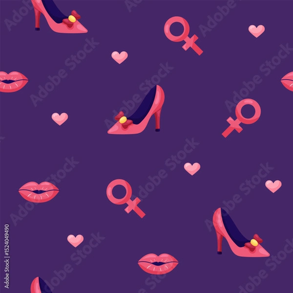 Fototapeta Seamless pattern with high heel shoes and red lips on dark background. March 8 Women's Day. Vector illustration.