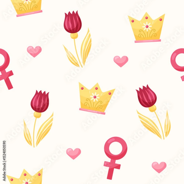 Fototapeta Seamless pattern with crown and tulip on beige background. March 8 Women's Day. Vector illustration.