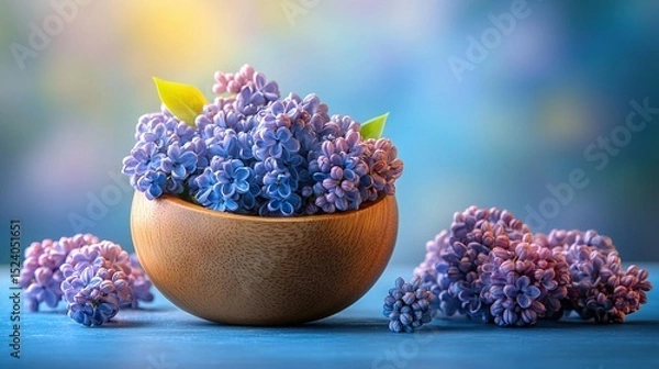 Fototapeta   A wooden bowl filled with purple flowers sits atop a blue table, alongside a mound of vibrant blooms