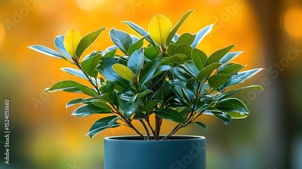 Fototapeta    a potted plant on a table with trees in the distance