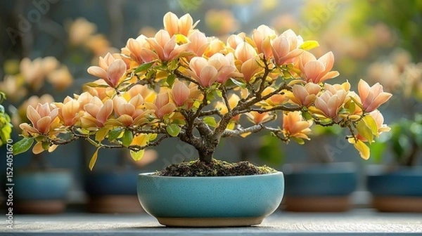 Fototapeta   Bonsai tree in blue bowl on table, surrounded by background bonsai trees