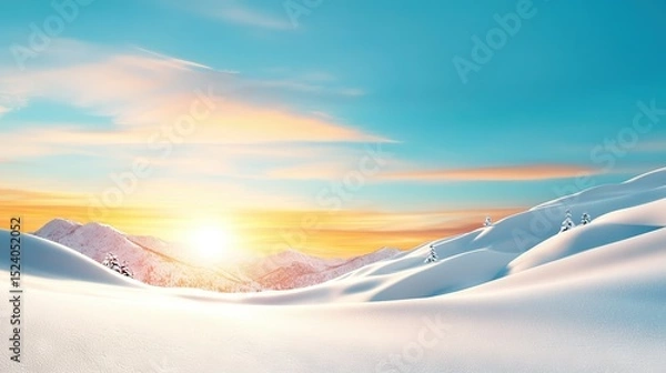 Fototapeta   A snowboarder rides through a snowy mountain range as the setting sun illuminates the sky behind