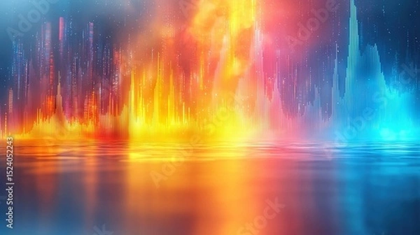 Fototapeta  A colorful digital depiction of a city on a water body with a mirror-like reflection