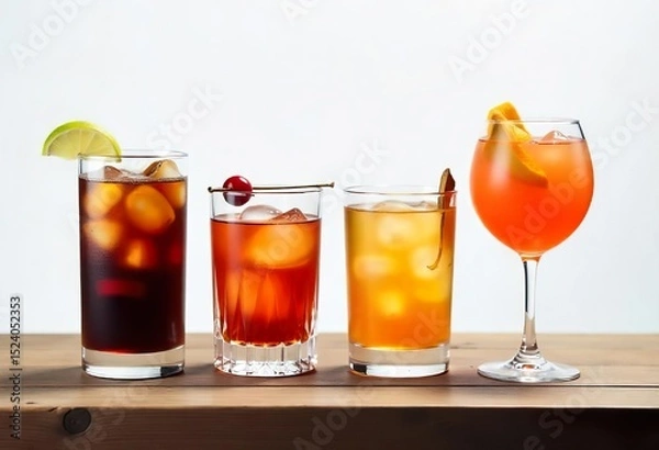 Obraz Four different cocktails are displayed against a plain white background.  Each drink is presented in a distinct glass or copper mug, topped with ice, mint, and a lime wedge.