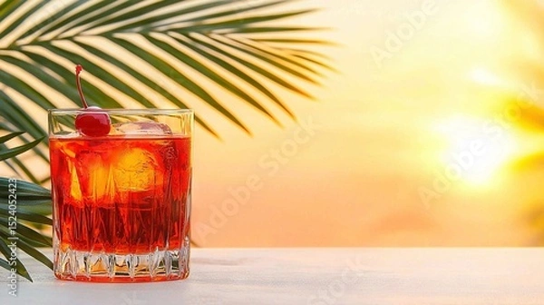 Fototapeta   Close-up of a drink in a glass with cherry on rim, set against tropical palm tree backdrop