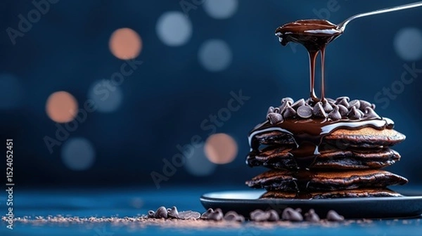 Fototapeta   A spoon drizzles chocolate onto a stack of chocolate pancakes on a plate with chocolate chips