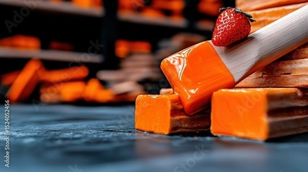 Fototapeta  A strawberry sits atop an orange block tower, with a knife protruding from one block