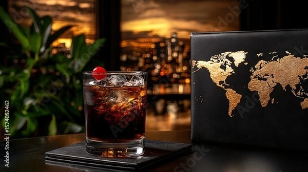 Fototapeta   A book with a world map on its back sits on a table, holding a drink in a glass