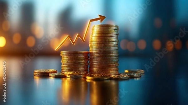 Fototapeta   A gold coin stack with an upward arrow is displayed in front of a fuzzy urban backdrop