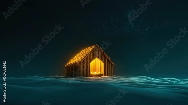 Fototapeta  A barn at night with a lit roof and a star above it