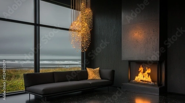Fototapeta   A spacious living room featuring a cozy couch and warm fireplace, all framing a stunning ocean view through a grand window