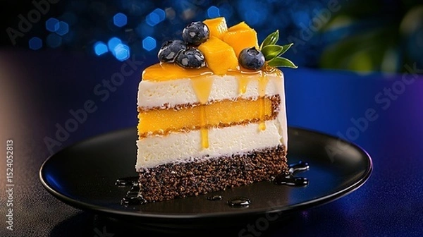 Fototapeta   A slice of cake sits on a black plate, adorned with blueberries and oranges It's placed on a table for easy access