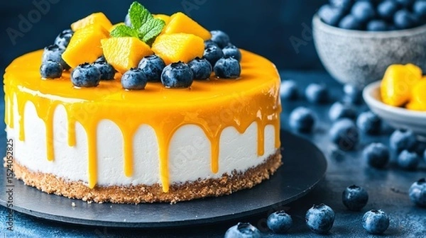 Fototapeta   Close-up of a cake on a plate with blueberries and oranges nearby, and a bowl of blueberries in the background