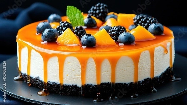 Fototapeta   A cake adorned with orange icing, blackberries and blueberries rests on a dark plate