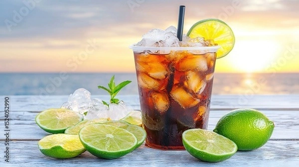 Fototapeta  A wooden table holds a refreshing glass of ice tea with juicy limes basking under a serene sunset